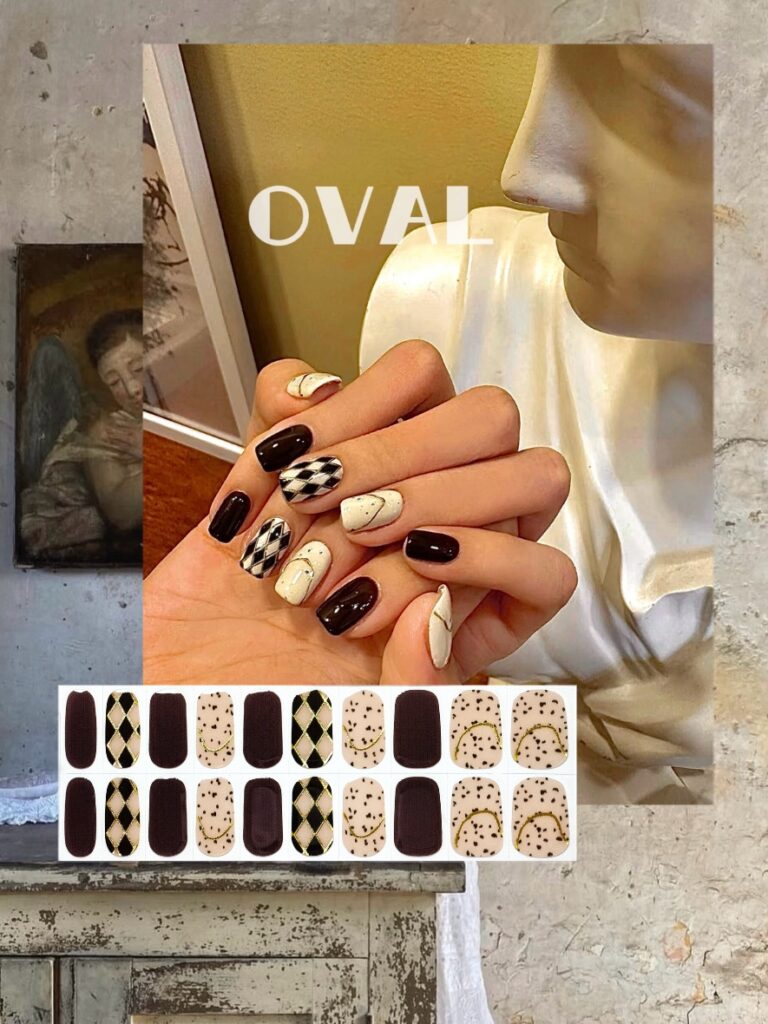 [Cure in 40s with Lamp] Vintage Argyle Dark Brown Gel Nail Wraps (Oval Shape) – 20pcs Self-Adhesive, Instant Hardening Nail Tips