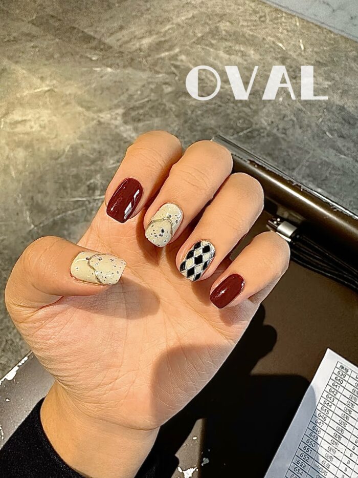[Cure in 40s with Lamp] Vintage Argyle Dark Brown Gel Nail Wraps (Oval Shape) - 20pcs Self-Adhesive, Instant Hardening Nail Tips - Image 3