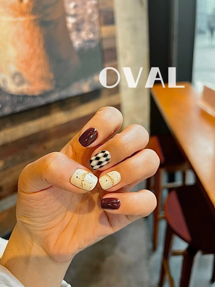 [Cure in 40s with Lamp] Vintage Argyle Dark Brown Gel Nail Wraps (Oval Shape) - 20pcs Self-Adhesive, Instant Hardening Nail Tips - Image 2