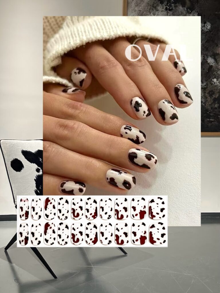 [Cure in 40s with Lamp] Vintage Cow Print Gel Nail Wraps (Oval Shape) – 20pcs Self-Adhesive, Turns to Hard Nail Tips Instantly