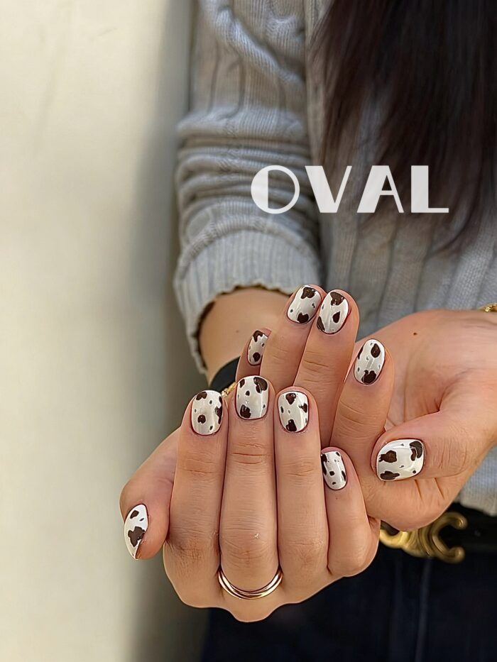 [Cure in 40s with Lamp] Vintage Cow Print Gel Nail Wraps (Oval Shape) - 20pcs Self-Adhesive, Turns to Hard Nail Tips Instantly - Image 2