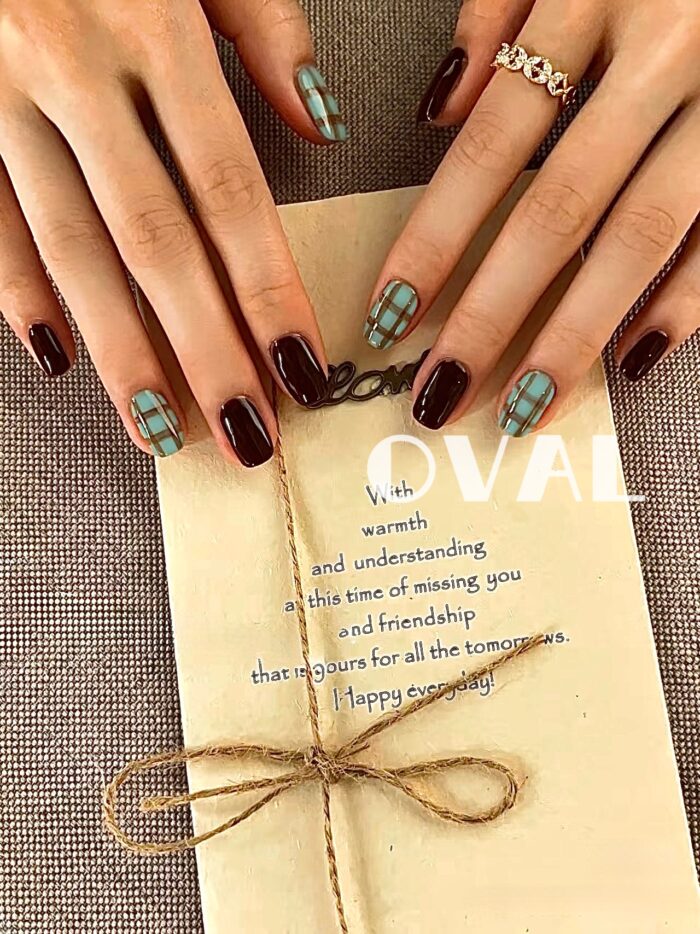 [Cure in 40s with Lamp] Vintage Dark Brown & Teal Plaid Gel Nail Wraps (Oval Shape) - 20pcs Self-Adhesive, Instant Hardening Nail Tips - Image 3
