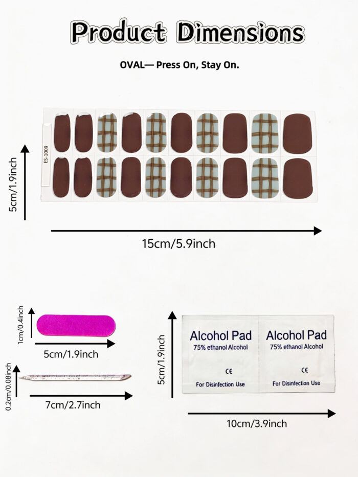 [Cure in 40s with Lamp] Vintage Dark Brown & Teal Plaid Gel Nail Wraps (Oval Shape) - 20pcs Self-Adhesive, Instant Hardening Nail Tips - Image 5
