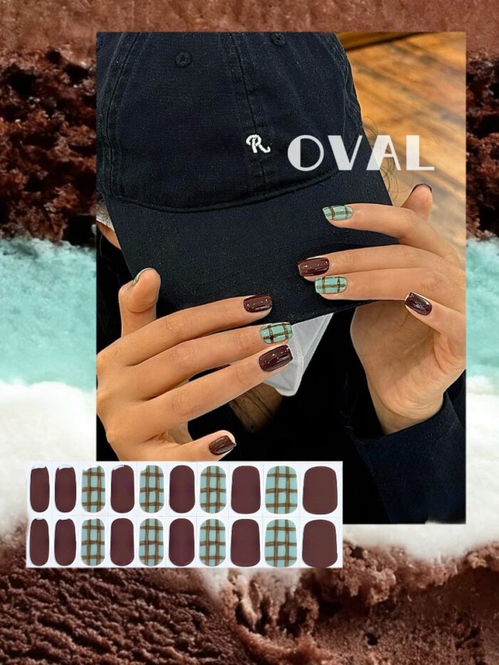 [Cure in 40s with Lamp] Vintage Dark Brown & Teal Plaid Gel Nail Wraps (Oval Shape) - 20pcs Self-Adhesive, Instant Hardening Nail Tips - Image 1