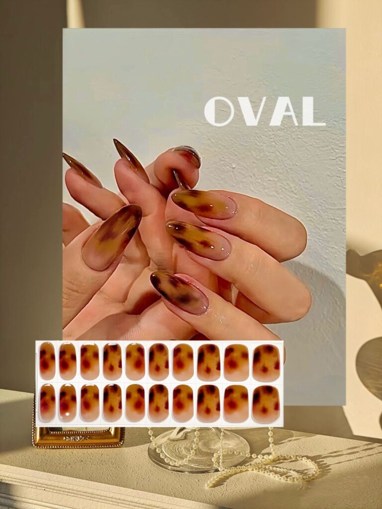 [Cure in 40s with Lamp] Vintage Tortoiseshell Gel Nail Wraps (Oval Shape) – 20pcs Self-Adhesive, Turns to Hard Nail Tips Instantly